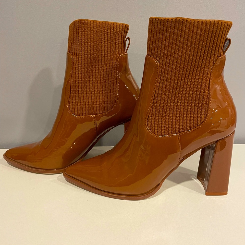 Steve Madden Cognac Patent Scavenge Booties